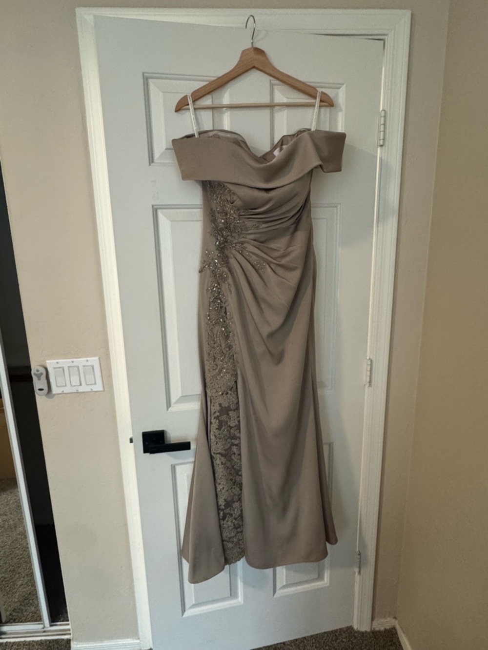 Mon Cheri M535 Taupe Evening Gown with Lace Appliqué